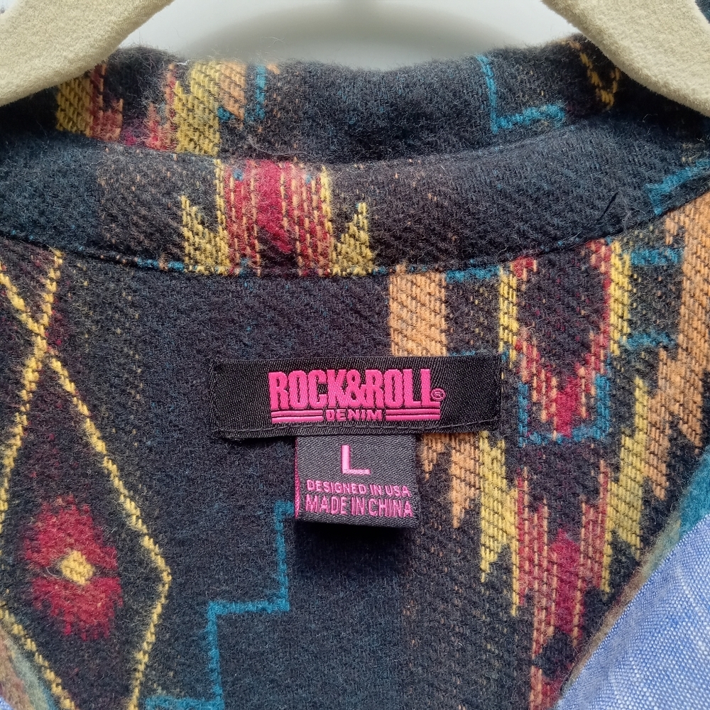 Rock & Roll Denim Colorful Aztec Patterned Button-Up Shirt Thick Cotton Large - Picture 5 of 9